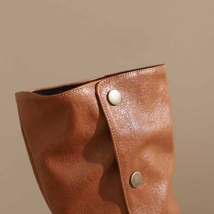 SD-HK women's round toe wedge boots in tan leather with stylish button detail