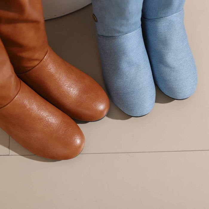 Brown and blue women's round toe wedge boots featuring stylish designs for versatile outfits