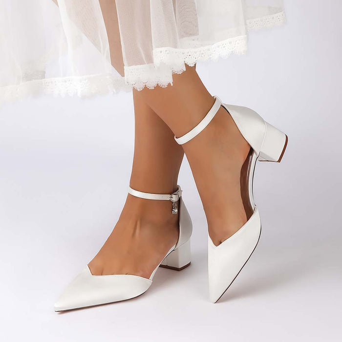 Women's Satin Ankle Strap Block Heel Shoes | Pointed Toe Dress Pumps for Wedding/Party/Formal Events
