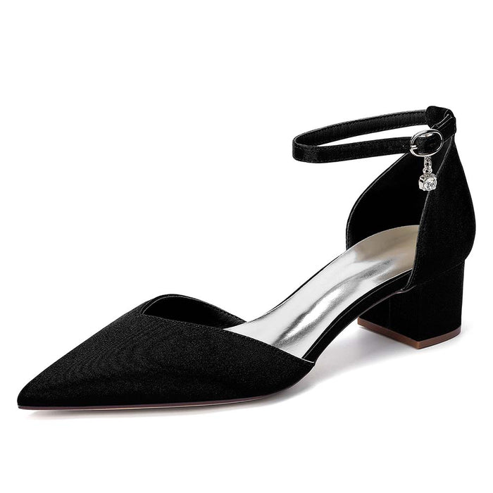 Women's Satin Ankle Strap Block Heel Shoes | Pointed Toe Dress Pumps for Wedding/Party/Formal Events