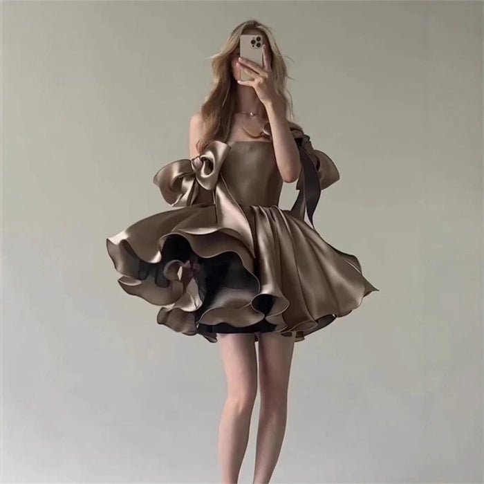 Women's Satin Mini Dress Off-Shoulder Bow Tie Cocktail Party Dress for Evening Prom