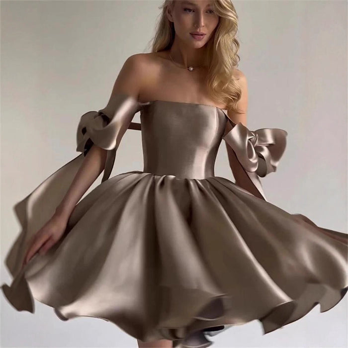 Women's Satin Mini Dress Off-Shoulder Bow Tie Cocktail Party Dress for Evening Prom