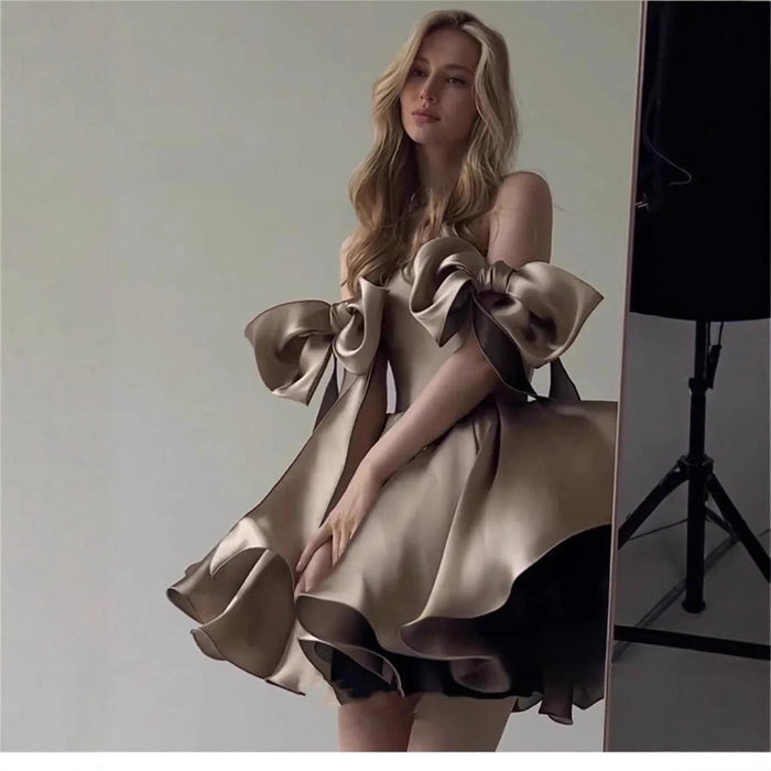 Women's Satin Mini Dress Off-Shoulder Bow Tie Cocktail Party Dress for Evening Prom