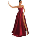 Women's Satin Strapless Maxi Dress High Slit Formal Evening Gown for Prom Party
