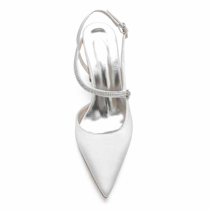 Women's strappy satin wedding heels in white with elegant design and sparkling accents