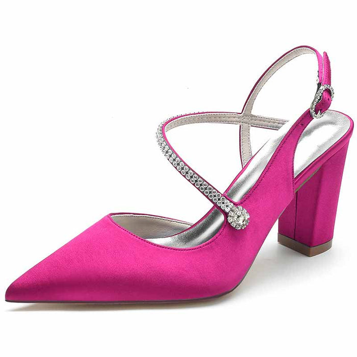 Women's strappy satin wedding heels in vibrant pink with rhinestone details