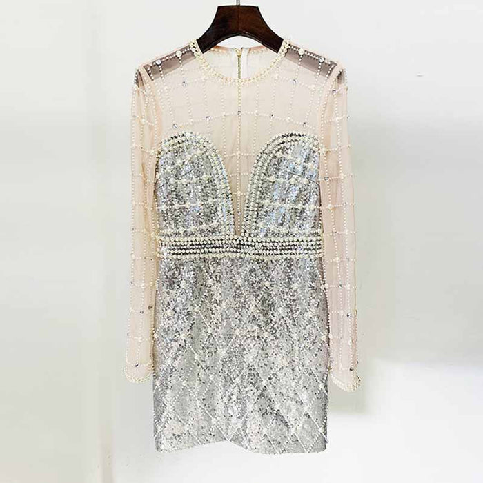 Womne Diamond Glamorous Mini Dress Sequined Long Sleeve Short Prom Dress