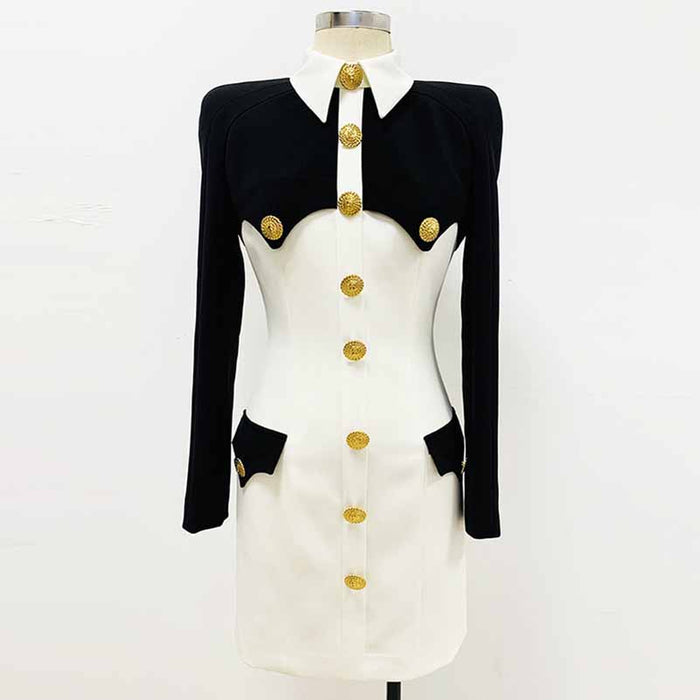 Womne Short Buttoned Mini Dress Gold Button Long Sleeve Dress