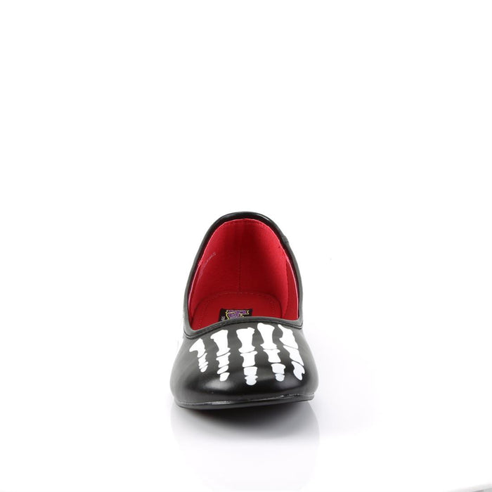 front side view of Black ballet flat with xay skeleton print on upper and sides