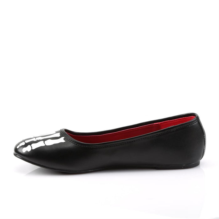 left side view of Black ballet flat with xay skeleton print on upper and sides
