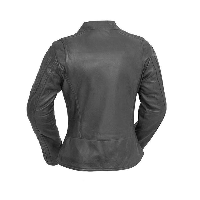 back view of Black leather sheepskin jacket. Jacket is designed to have a classic fit, has zip sleeves, two side hand pockets, one chest pocket and two interior pockets. Jacket is fully lined.