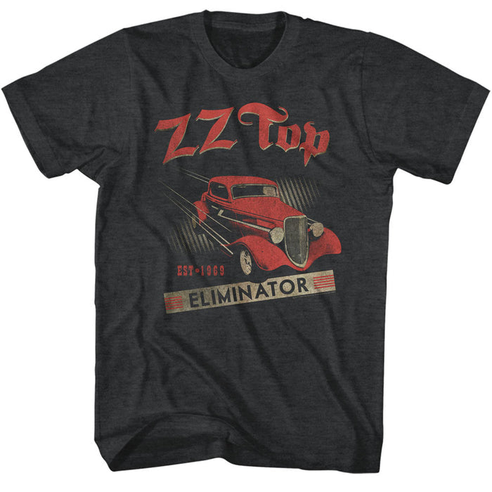 black heather band shirt with zz top logo and red car graphic and text that reads "elimintaor est 1969"