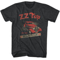 black heather band shirt with zz top logo and red car graphic and text that reads "elimintaor est 1969"