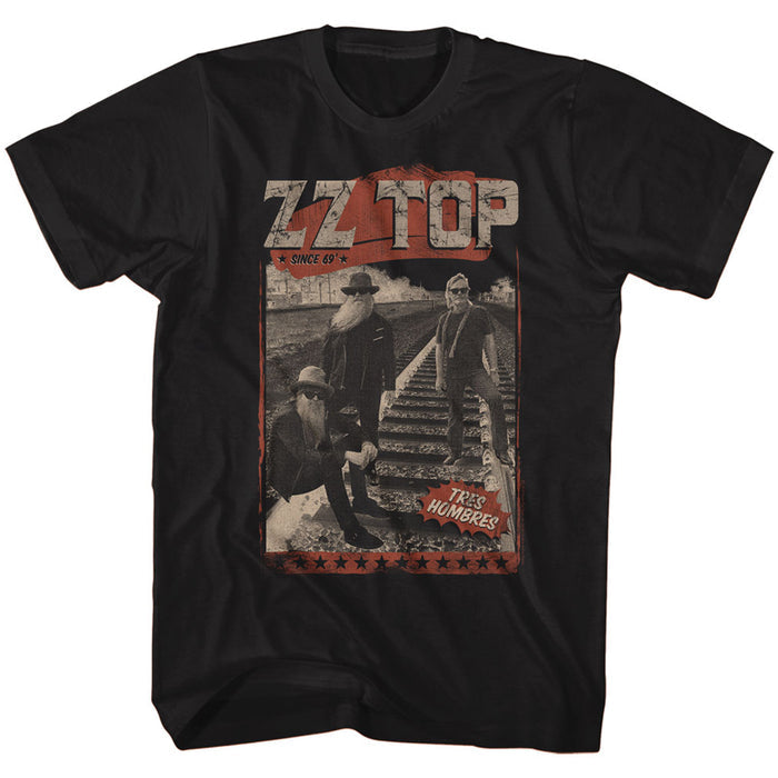 black band shirt with picture of zz top band, zz top logo and text that reads "tres hombres since '69"
